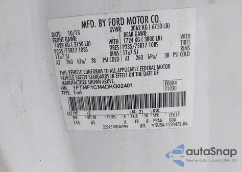 2013 Ford F150 z USA, uszkodzony, nr VIN 1FTMF1CM4DKG02401